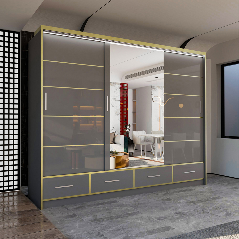 M N Furniture Silora 3 Door 4 Drawer Grey and Gold High Gloss Mirrored Sliding Wardrobe 253cm Image 4