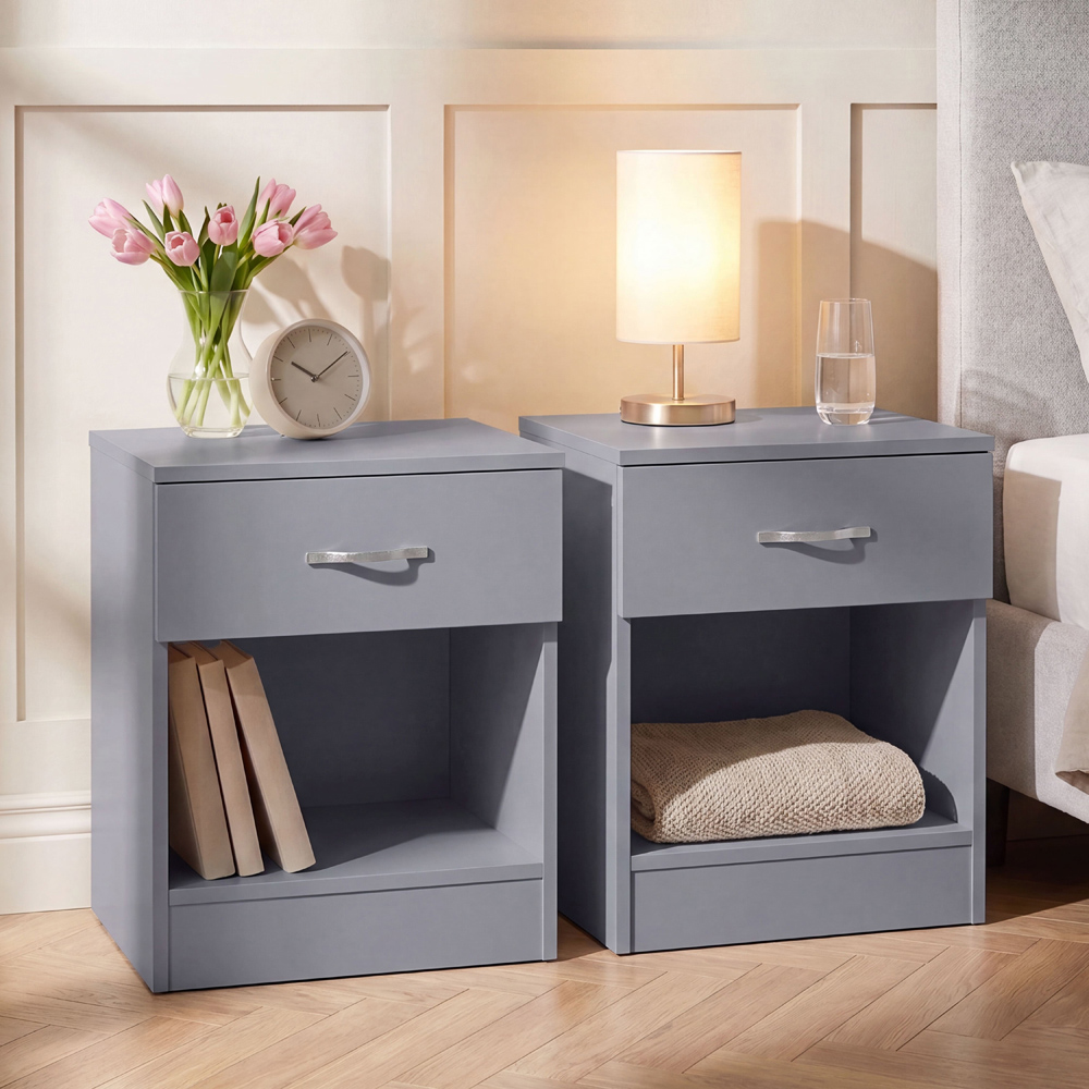 Vida Designs Riano Single Drawer Single Shelf Grey Melamine Finish Bedside Table Set of 2 Image 1