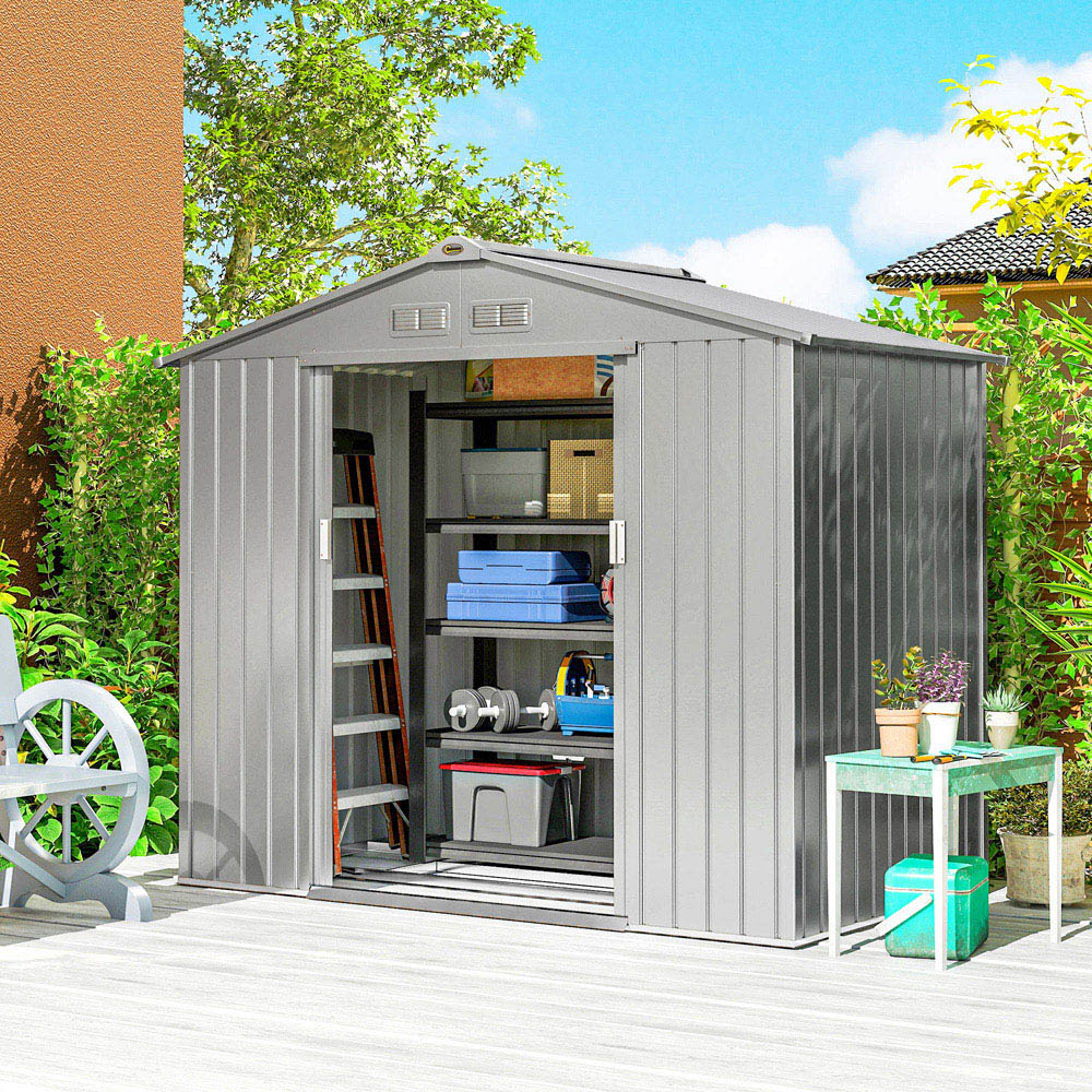 Outsunny 6.7 x 4ft Light Grey Galvanised Steel Garden Storage Shed with Foundation Kit Image 2