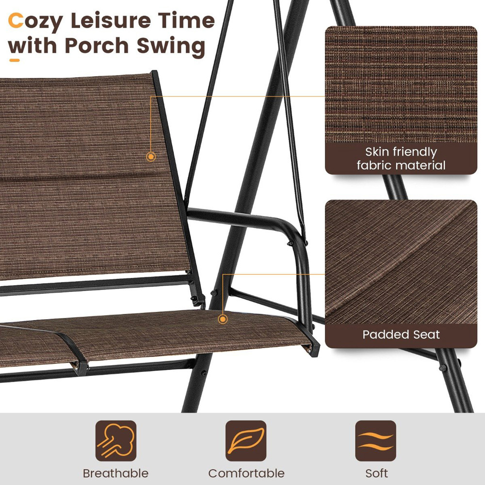 Costway 2 Seater Brown Porch Swing with Spring Hook Image 7