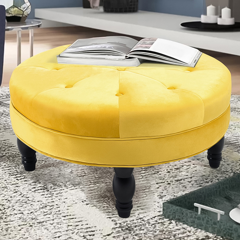Living and Home Yellow Round Velvet Tufted Buttoned Footstool Image 1
