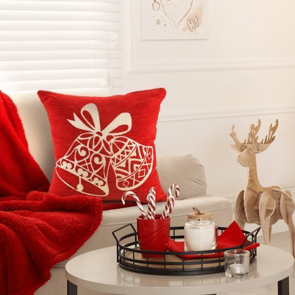 Noel Square Red Merry Bells Cotton Chenille Cushion 43 x 43cm Image 4