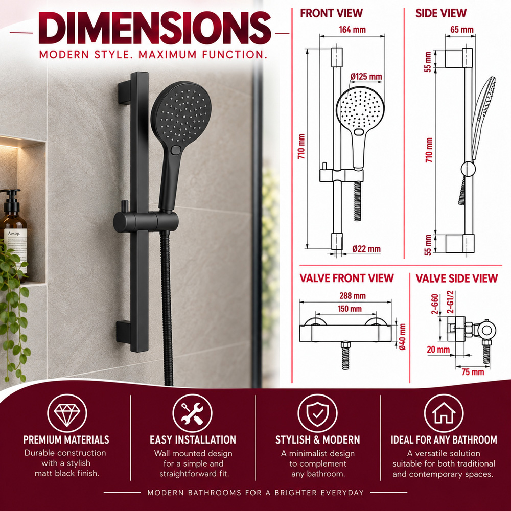Go Bathrooms PureFlow Black Round Thermostatic Bar Shower Kit Image 6
