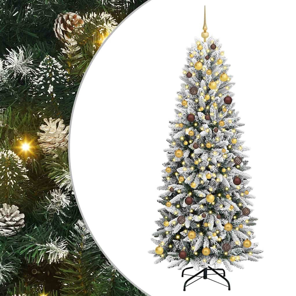 vidaXL Pre-Lit Gold Baubles Artificial Snow Flocked Christmas Tree 7ft Image 2