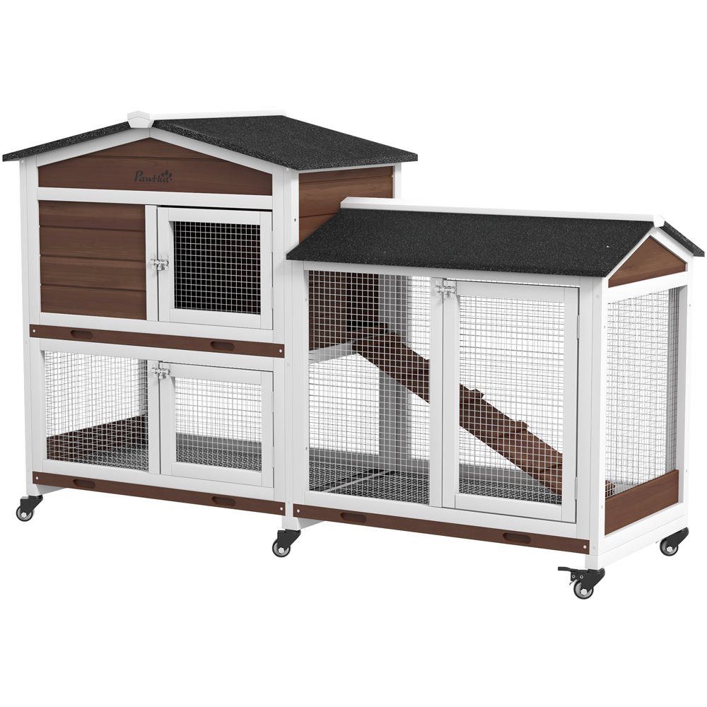 PawHut Brown Wooden Pet Hutch with Wheels Image 1