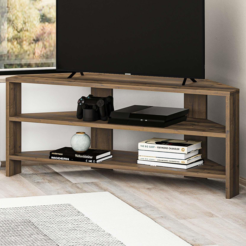 Decortie Thales 2 Shelf Dark Oak Effect Corner Modern TV Unit Image 1