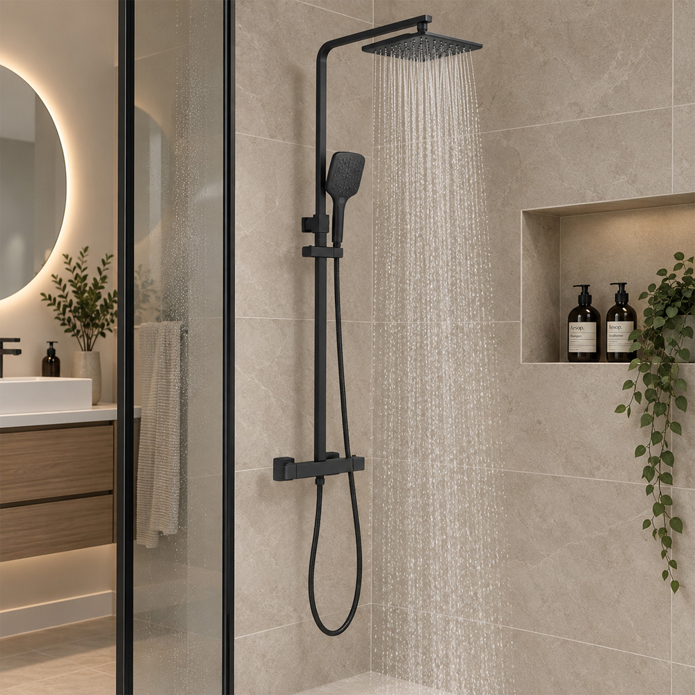 Go Bathrooms Matt Black Square Thermostatic Shower Kit Image 2