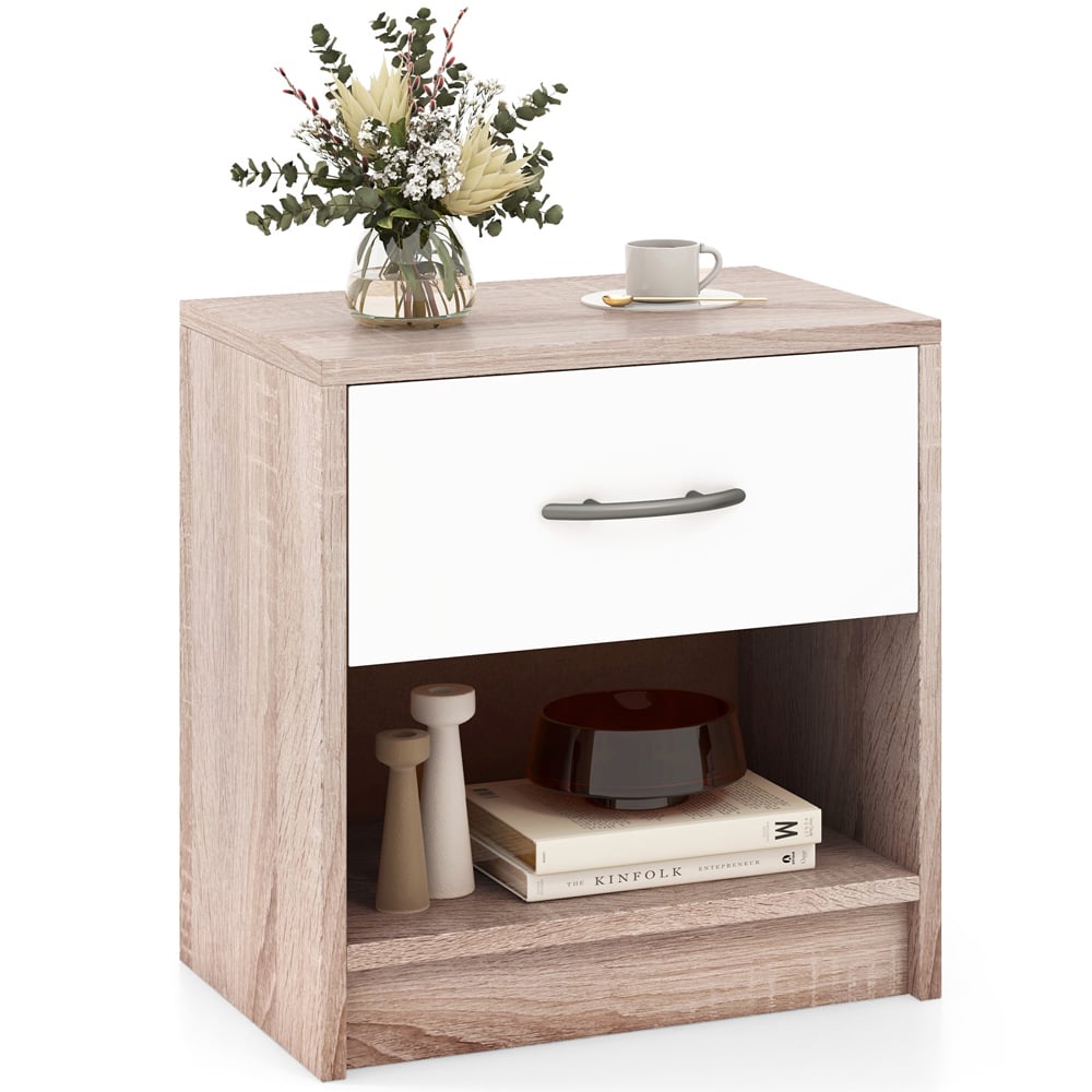 Costway Single Drawer Single Shelf Natural and White Nightstand Image 2