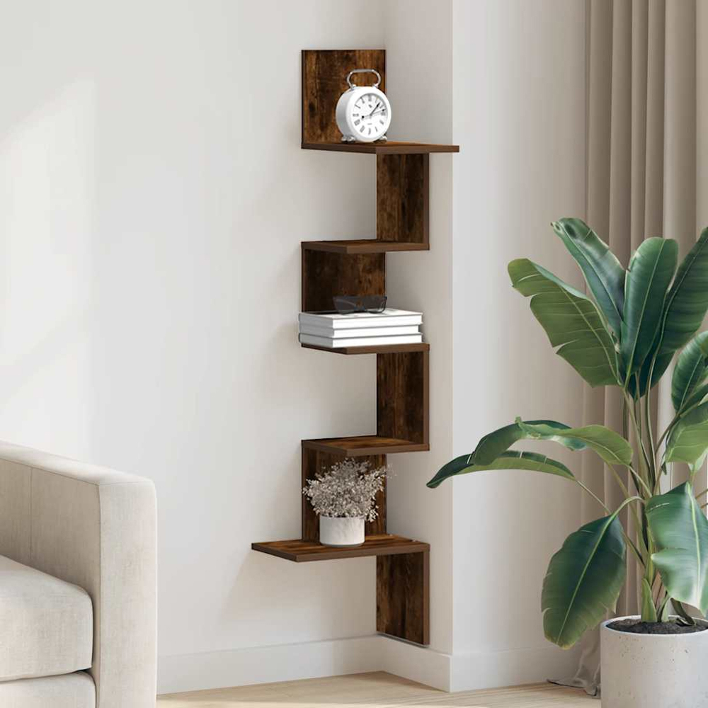 vidaXL 5 Shelf Smoked Oak Corner Wall Shelf Image 2