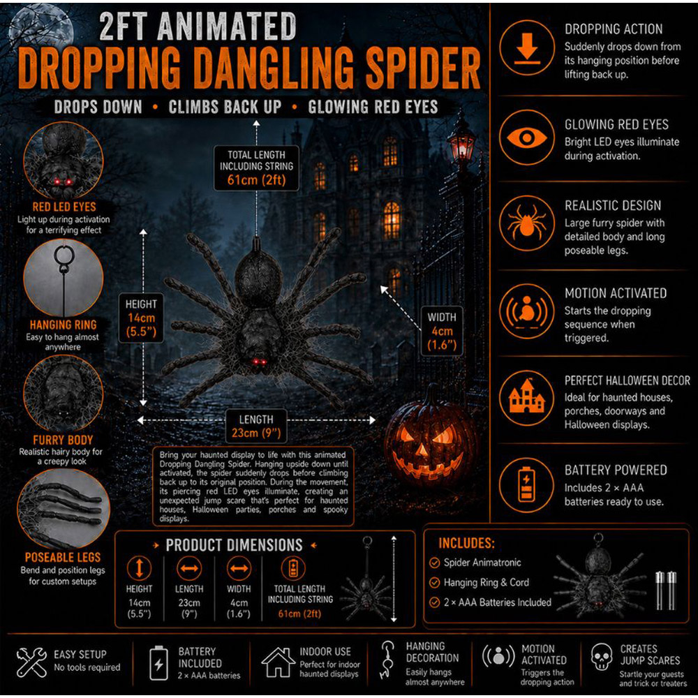 Samuel Alexander Ash Dropping Dangling Animatronic Spider Halloween Decoration 2ft Image 9