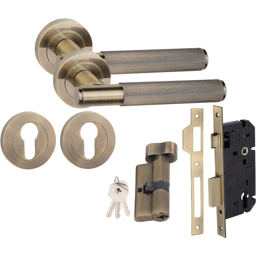 Golden Grace Antique Brass Straight T-Bar Linear Euro Lock Door Handle Set Image 1