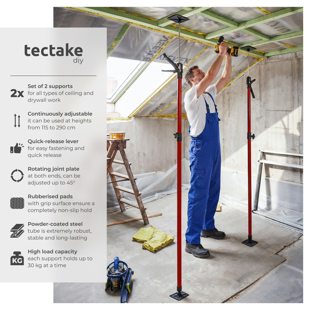 tectake Red Adjustable Ceiling Support Shore Holder Plasterboard Props 115 to 290cm 2 Pack Image 6