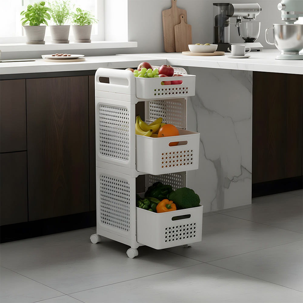 Living and Home 3-Tier White Storage Cart with Pull-Out Baskets Image 2