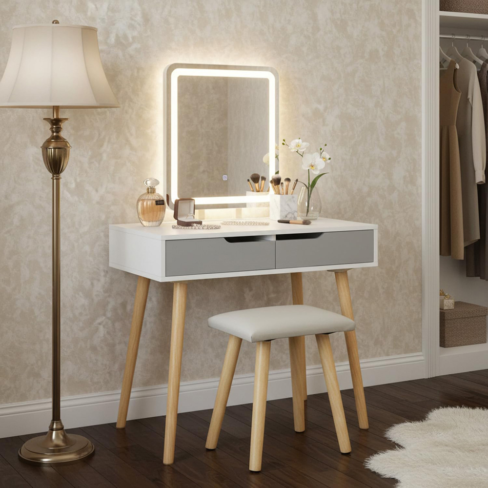 Alivio 2 Drawer Grey Vanity Dressing Table Set with Adjustable LED Mirror Image 4