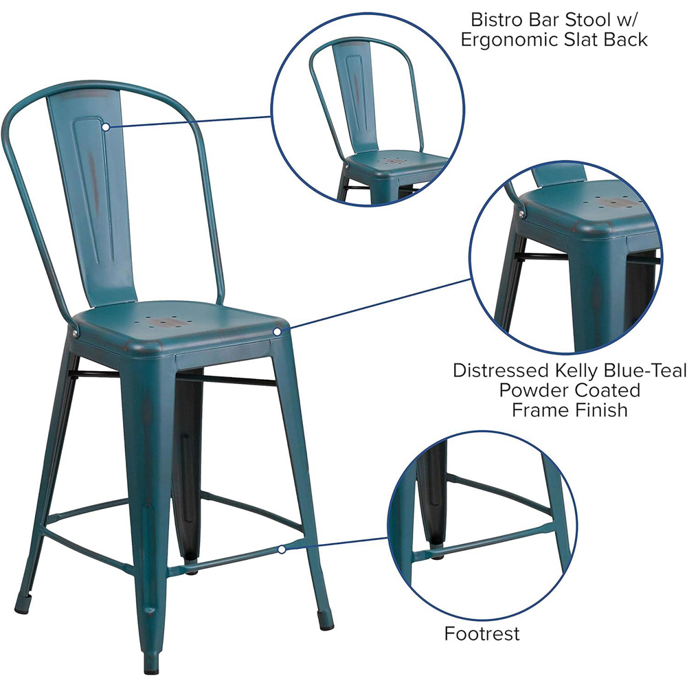 FWStyle Set of 4 Blue Teal Distressed Steel Bar Stool Image 6