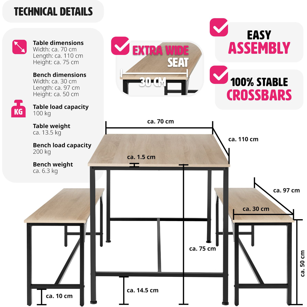 tectake Bolton 2 Seater Oak Sonoma Dining Table Set with Bench Image 9