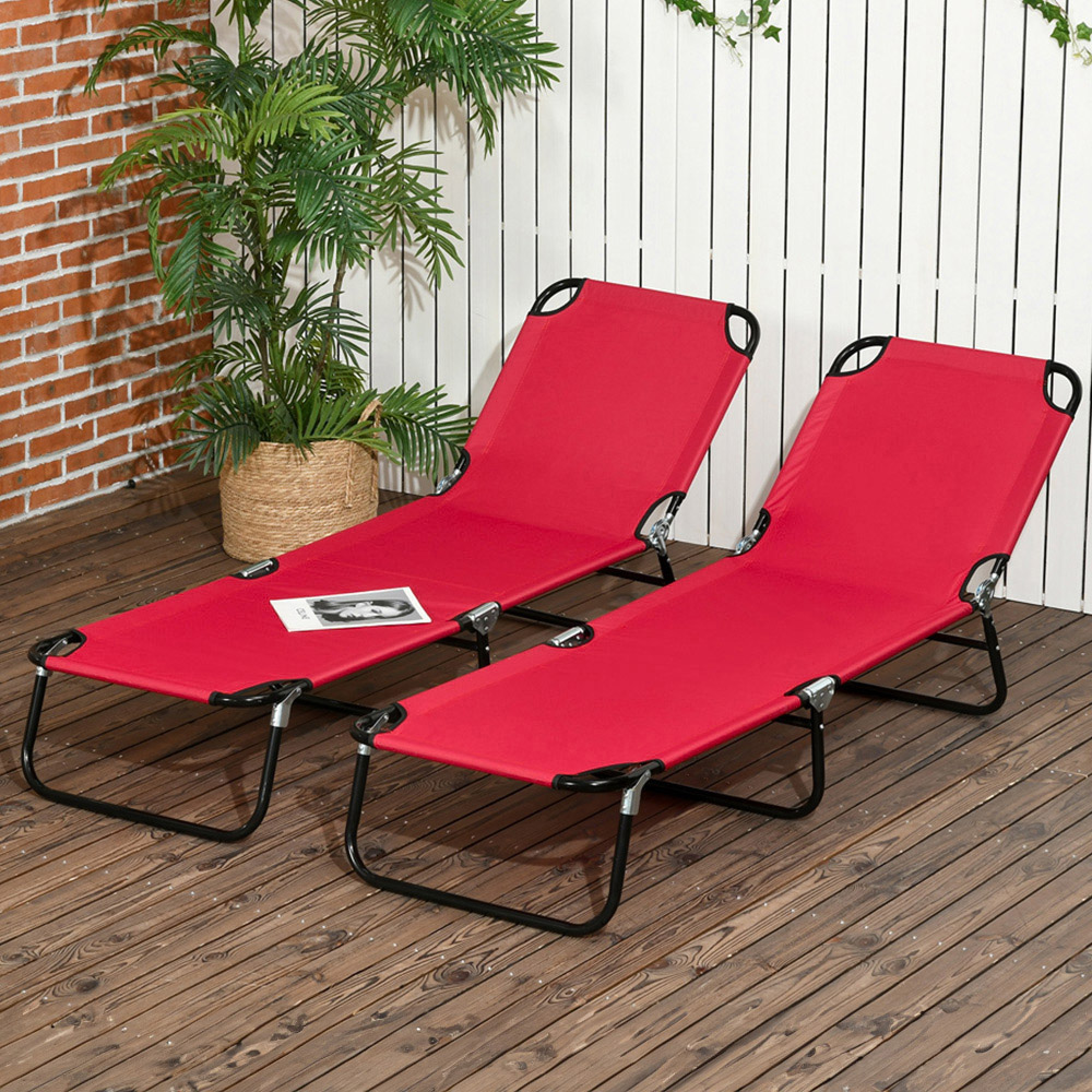 Outsunny Set of 2 Wine Red Adjustable Folding Sun Lounger Image 1
