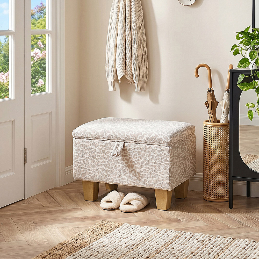 Living and Home Light Brown Linen Leopard Print Storage Ottoman Image 8