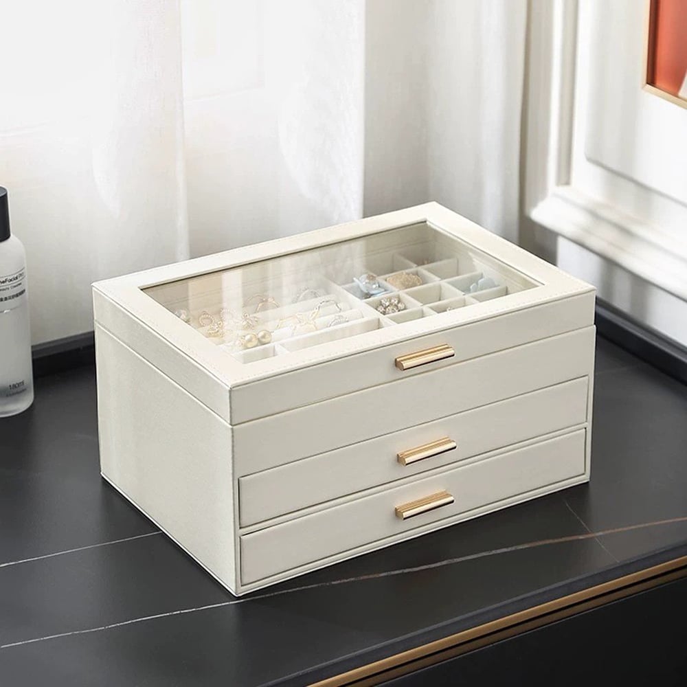 H&O Direct 3 Tier White PU Leather Jewellery Organiser Image 2