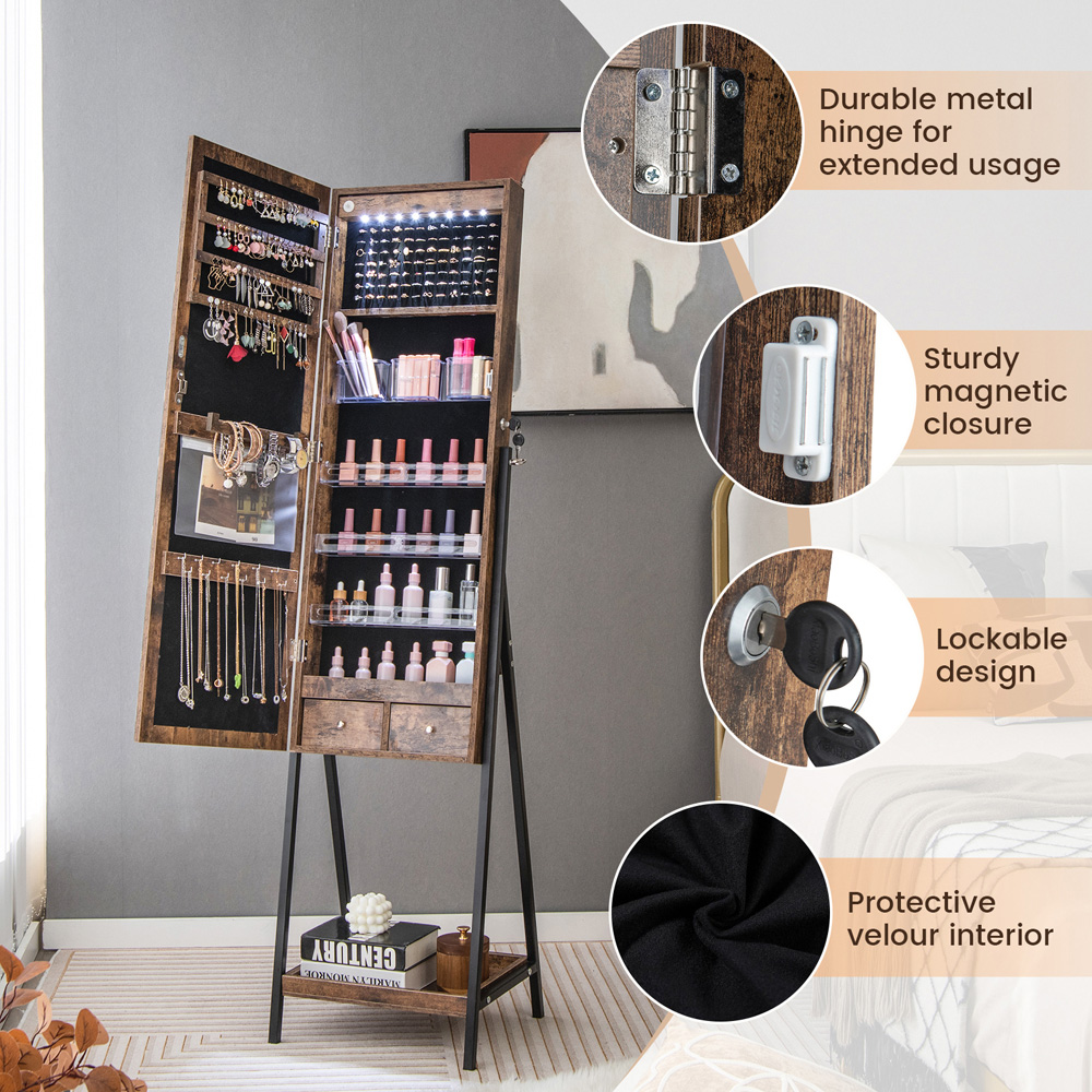 Costway Brown LED Full Length Mirror Jewellery Cabinet Image 6