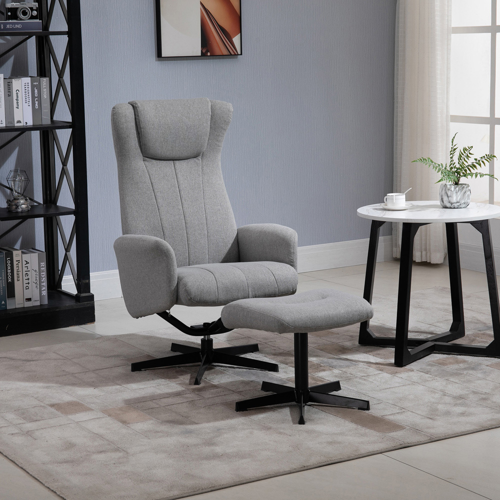 Portland Light Grey Linen Swivel Manual Recliner Chair with Footstool Image 4