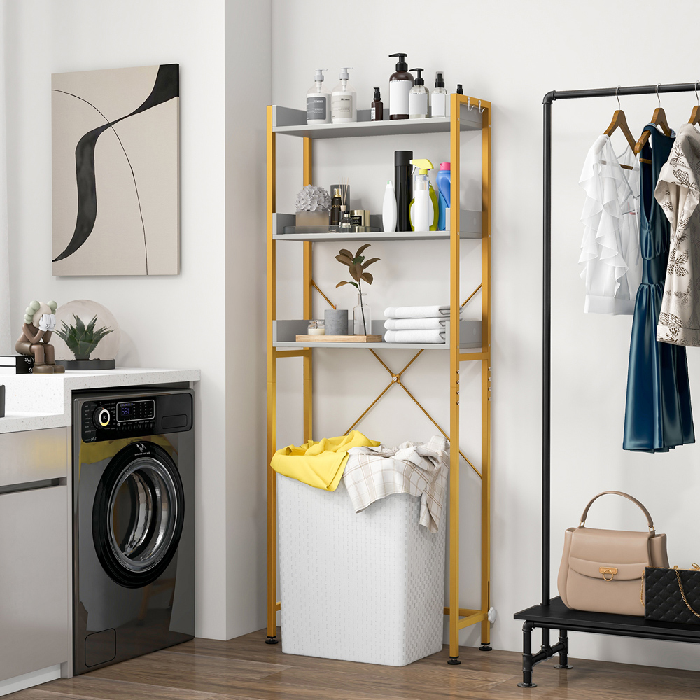 Costway 3 Shelf White and Gold Over The Toilet Storage Shelf with Hooks Image 4