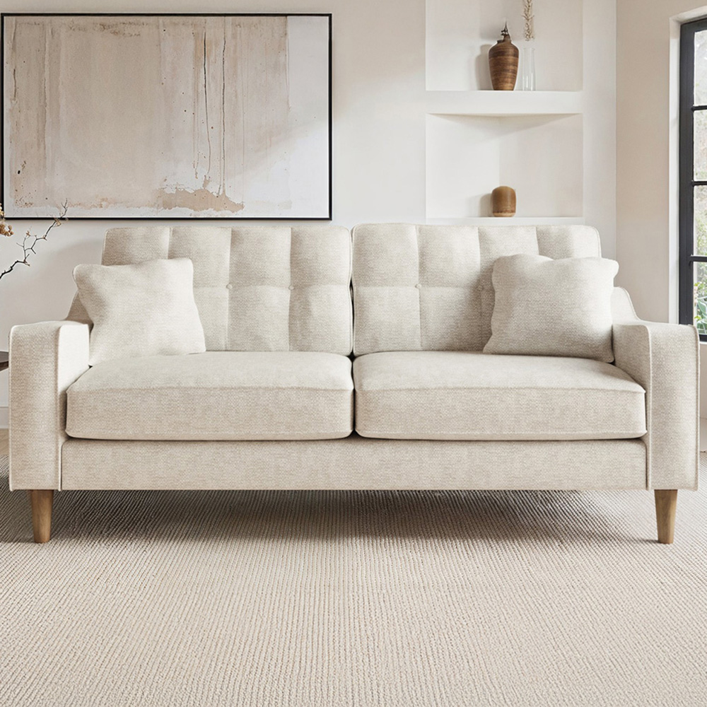 Solace+Co Jude 3 Seater Beige Mid Century Fabric Sofa Image 1