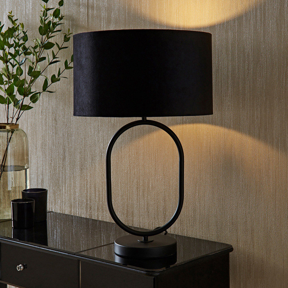 ValueLights Antonia Black Velvet Drum Shade Matte Black Oval LED Table Lamp Image 2