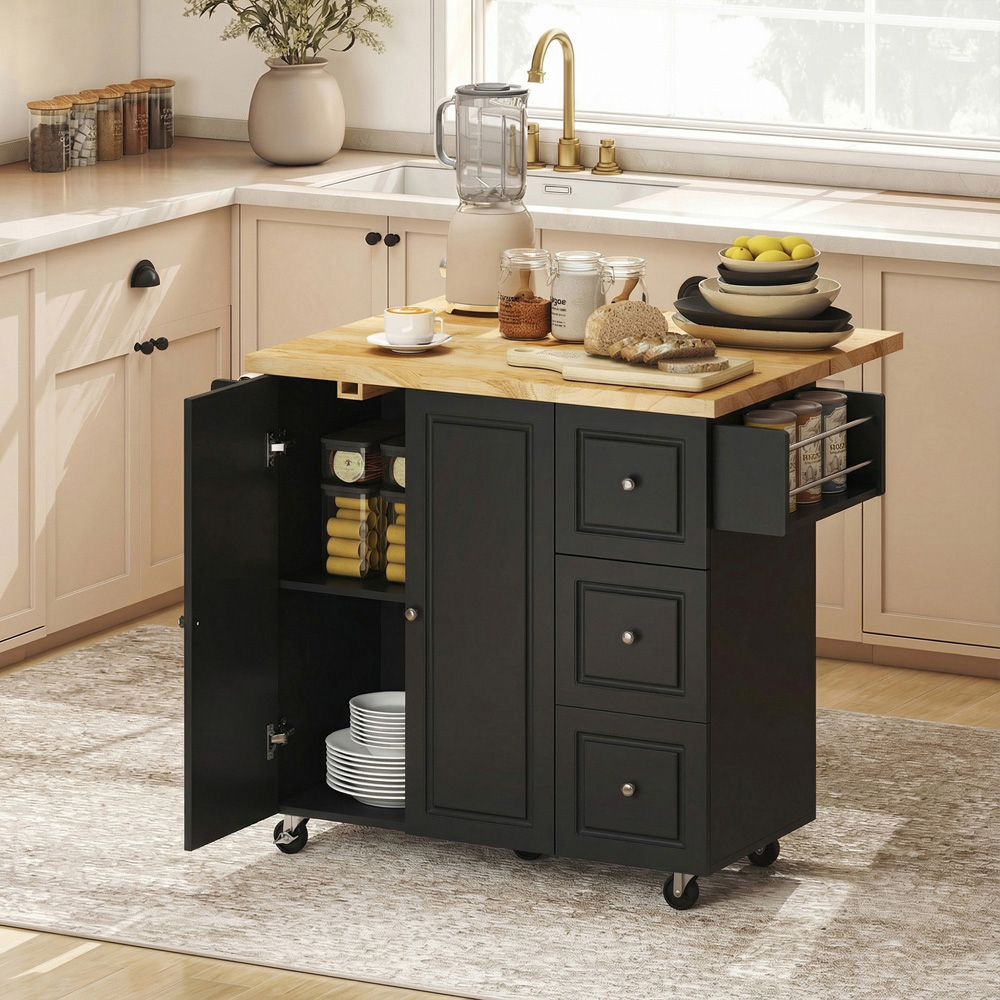 Portland 2 Door 3 Drawer Black Drop Leaf Kitchen Island Storage Trolley Image 2
