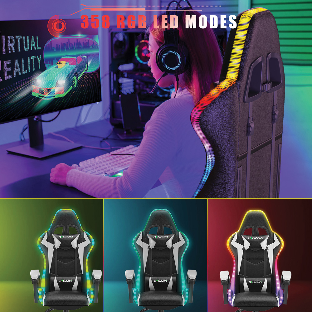 Rattrix White Height Adjustable Lumbar Backrest Gaming Chair with Headrest and LED Light Image 5