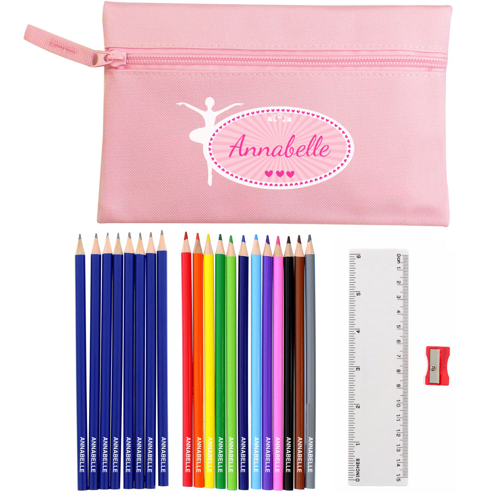 Personalised Memento Pink Ballerina Pencil Case with Personalised Pencils and Crayons Image 1