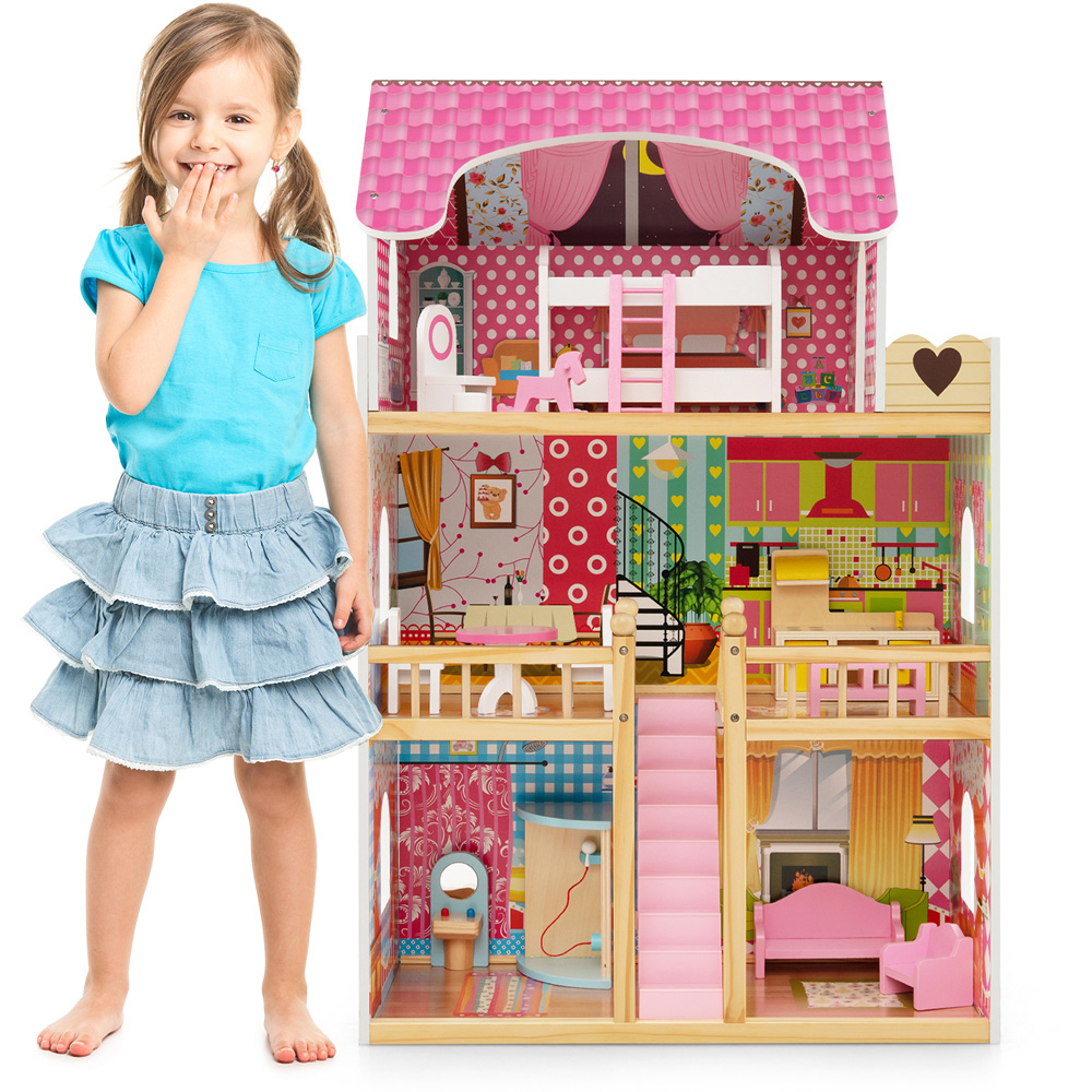Costway Pink Kids Wooden DIY Pretend House  Image 3