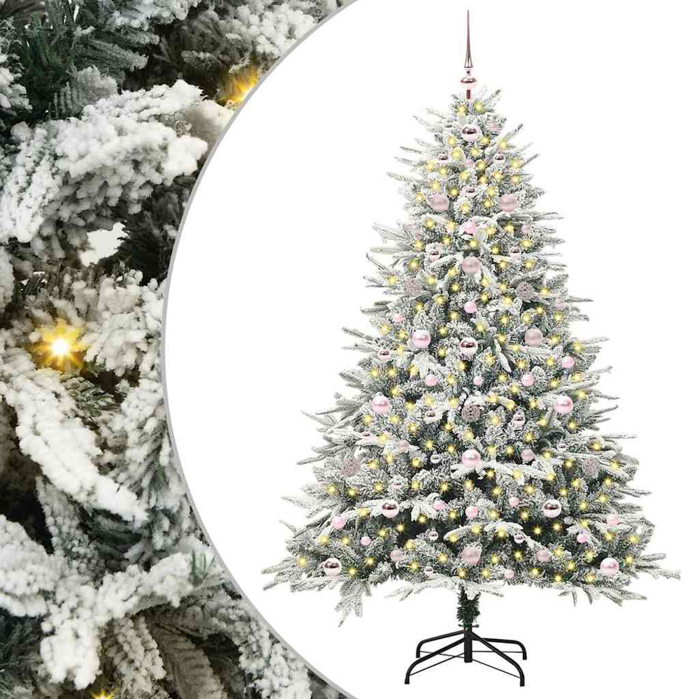 vidaXL 300 LED Pre-Lit Pink Baubles Green Artificial Snow Flocked Christmas Tree 6ft Image 2