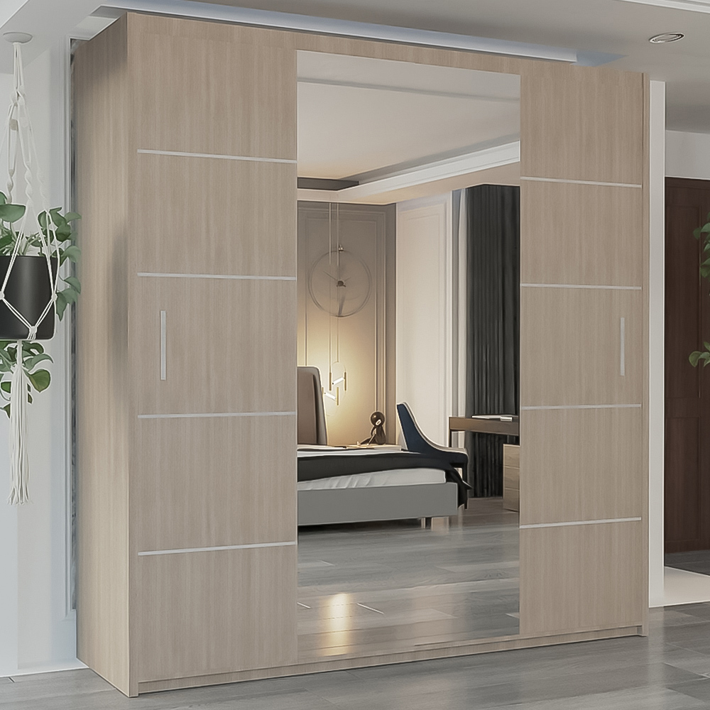 M N Furniture Osaka 2 Door Oak Mirrored Panel Sliding Wardrobe 203cm Image 1