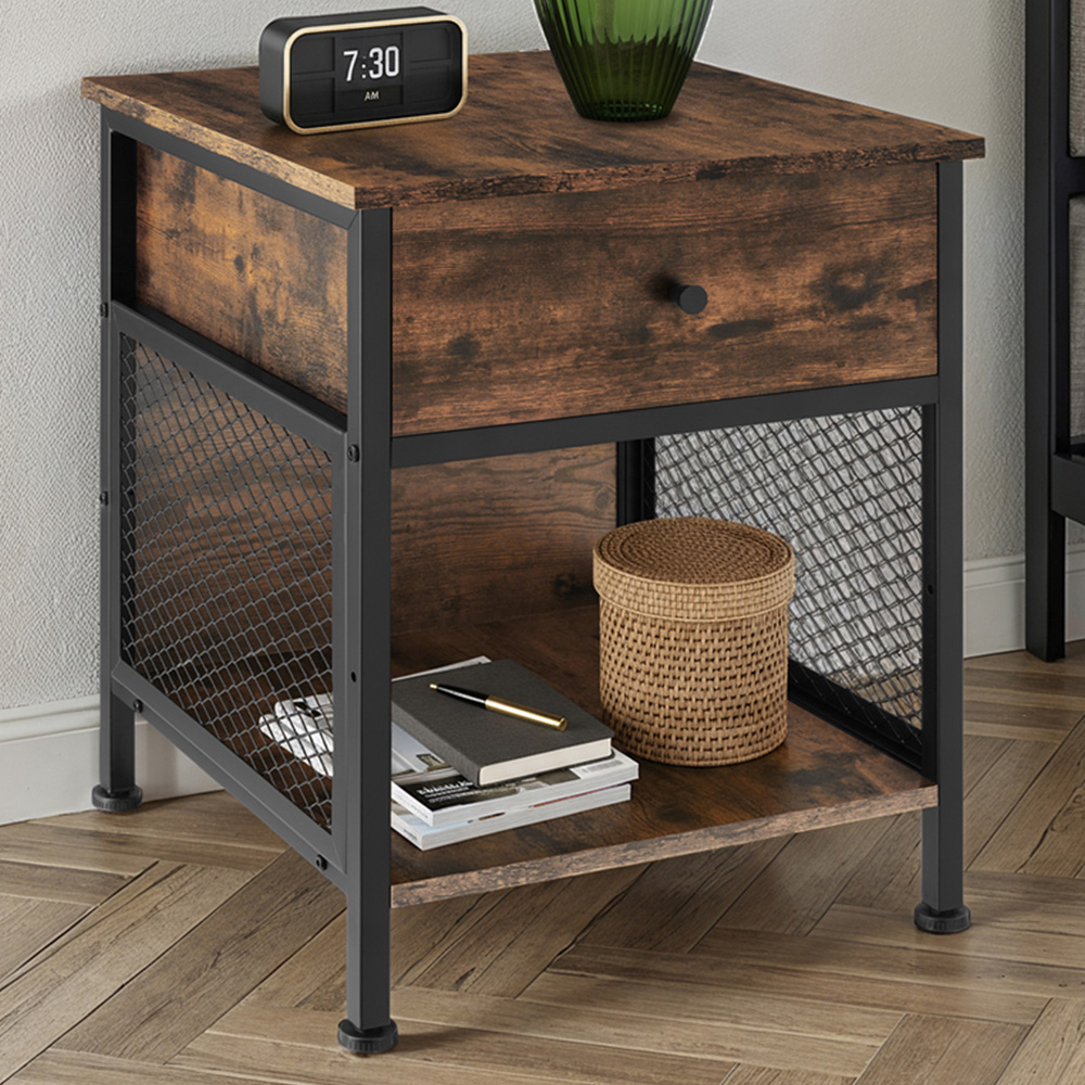 tectake Killarney Single Drawer Dark Industrial Wood Rustic Bedside Table Image 1