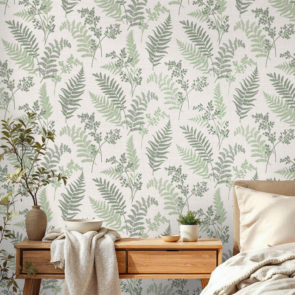 Fine Décor Fern Textured Linen Fabric Effect Green Wallpaper Image 3