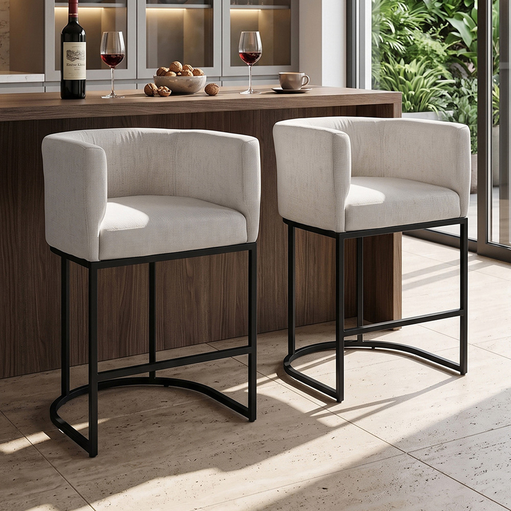 Living and Home Beige Chenille Bar Stool with Armrest Set of 2 Image 7