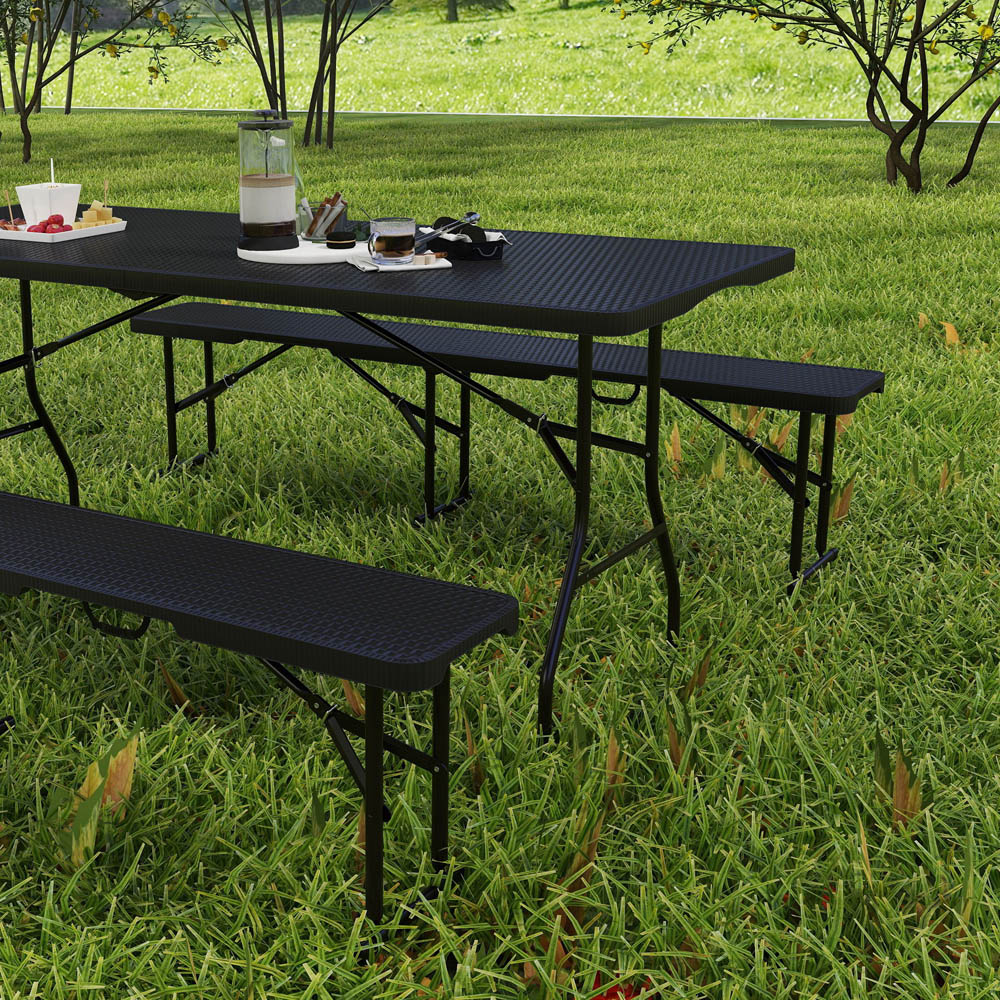 Outsunny 6 Seater Black Rattan Effect Foldable Picnic Table and Bench Set with Handles Image 3
