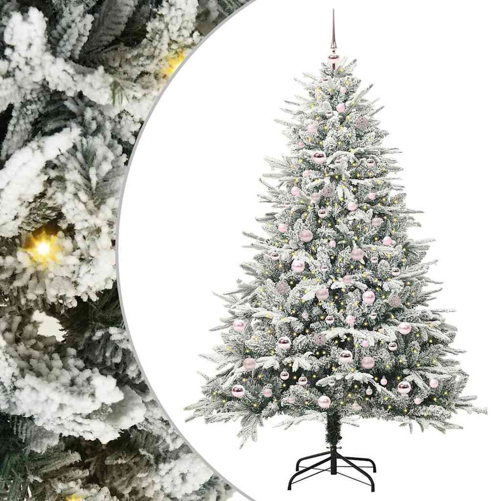 vidaXL 300 LED Pre-Lit Pink Baubles Green Artificial Snow Flocked Christmas Tree 7ft Image 2