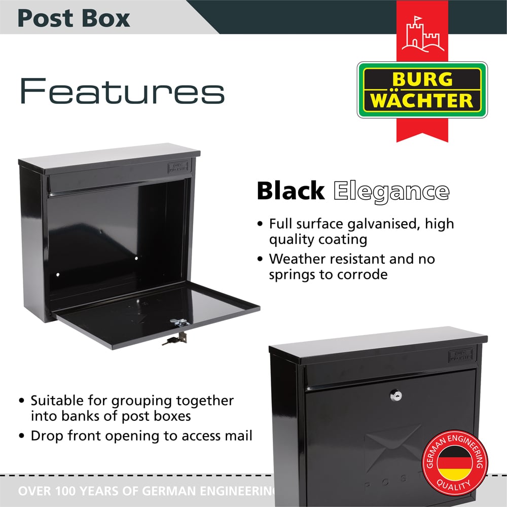 Burg-Wachter Black Elegance Wall Mounted Galvanised Steel Lockable Weatherproof Post Box - 36x31x10cm Image 2