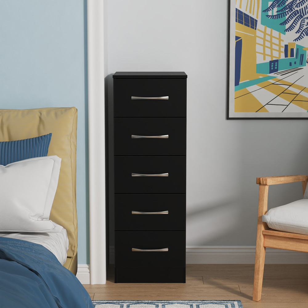 Crowndale Avon 5 Drawer Black Matt Tall Bedside Cabinet Ready Assembled Image 7