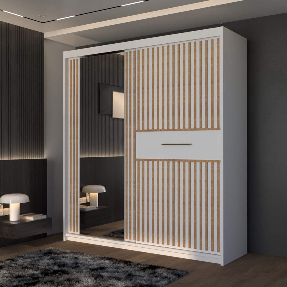 M N Furniture Laiyal 2 Door White Mirrored Sliding Wardrobe with Oak Strip 150cm Image 5