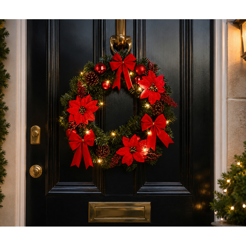 Avilo Warm White LED Wreath with Poinsettia and Baubles 24cm Image 3