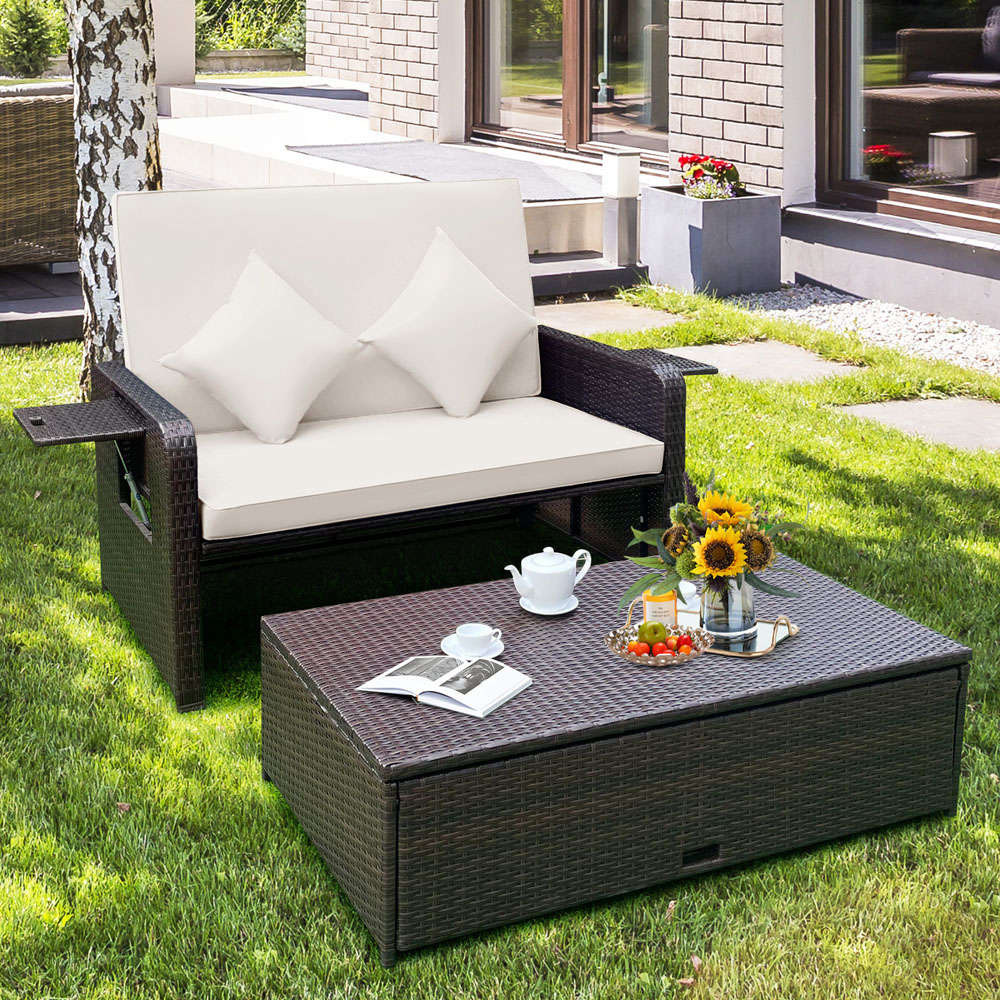 Costway 2 Seater Ratan Wicker White Loveseat Sofa with Ottoman and Side Tray Image 4
