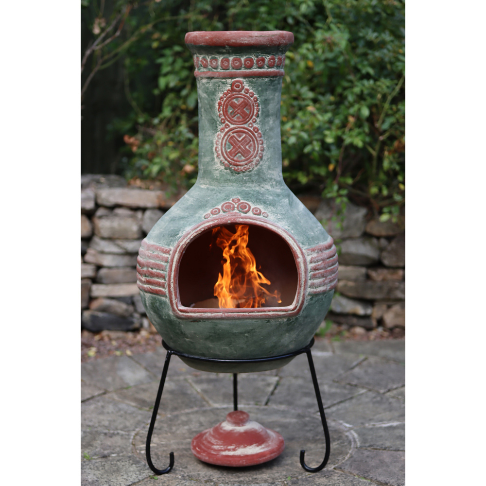 Gardeco Azteca Extra Large Green and Red Mexican Chimenea with Stand and Lid Image 4