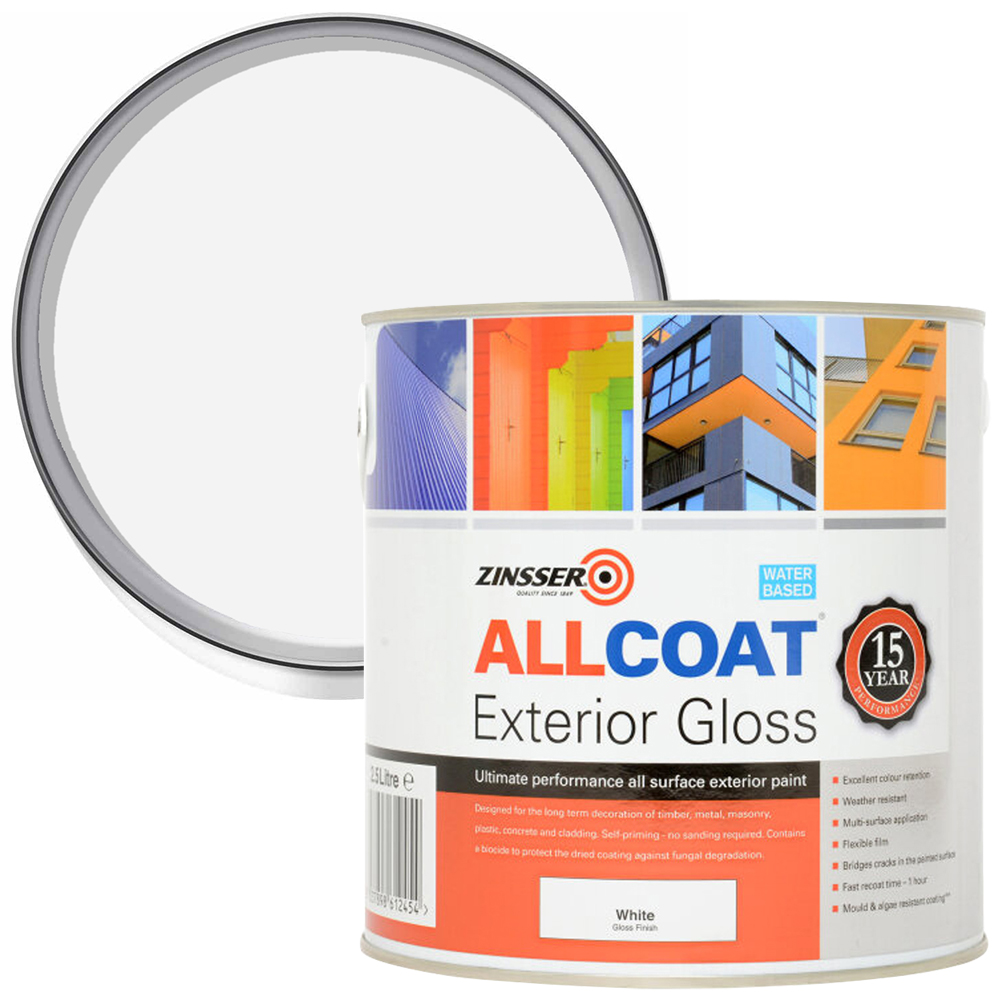 Zinsser Allcoat White Water Based Exterior Gloss Paint 2.5L Image 1