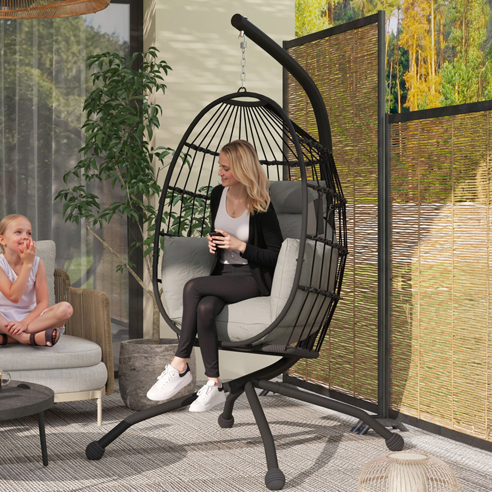 Outsunny Grey Hanging Egg Chair with Folding Basket Image 1