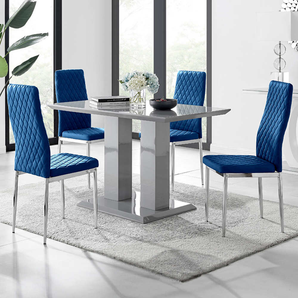 Furniturebox Molini Valera 4 Seater Dining Set Grey Gloss Navy Blue and Chrome Image 1