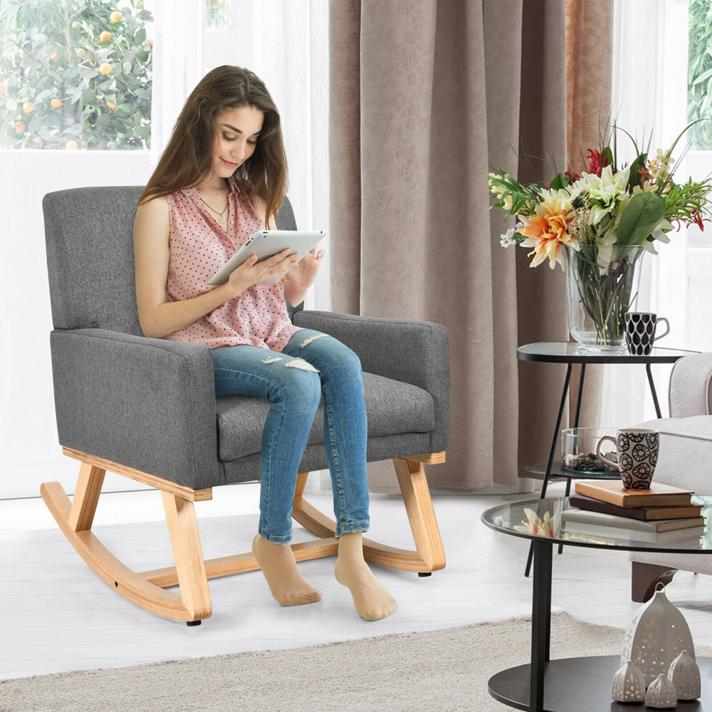 Costway Grey Upholstered Recliner Rocking Armchair Image 6