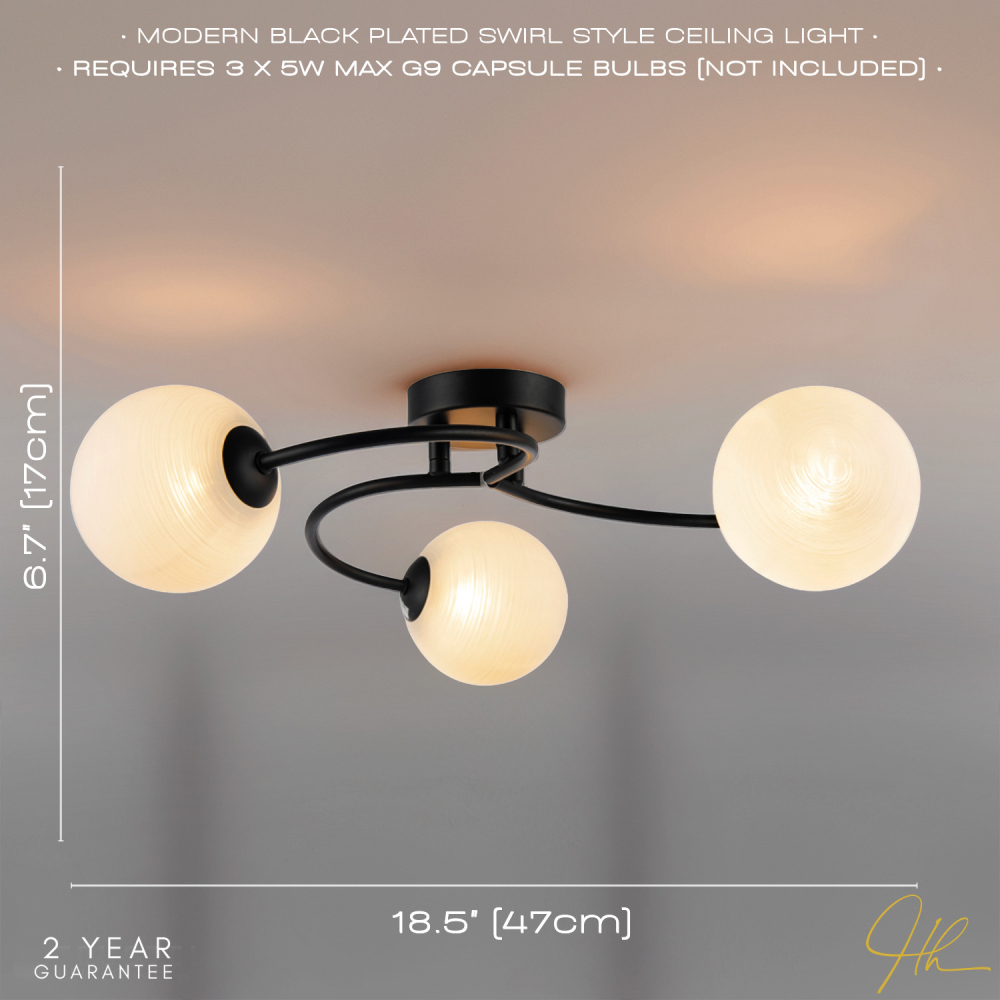 Happy Homewares 3 Arm Matte Black Ceiling Light with Opal Swirl Glass Spherical Shades Image 7